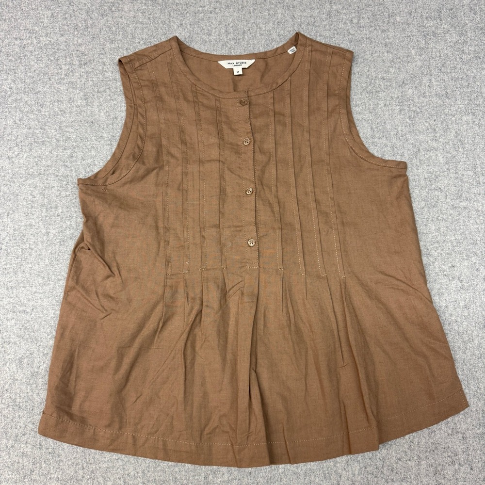 Max Studio London Pintuck Sleeveless Blouse Size M Brown Linen Blend Button Top